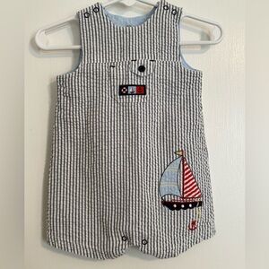 Little boys sailboat appliqued seersucker size 6 months